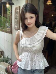 DAZY Women's Asymmetric One-Shoulder Ruffle Mesh Embroidered Casual Blouse Summer - White - View 5