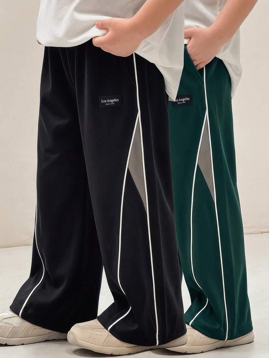 SHEIN 儿童/男童直筒侧撞色运动裤,适合秋冬季休闲、户外、上学穿着 - 黑色 - 查看 1