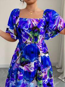 Elenzga Plus Size Square Neck Ruffle Sleeve Tropical Print Vacation Dress Wedding Guest Blue And White Summer - Purple - View 4