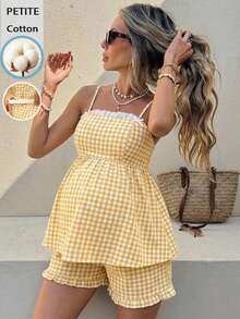 SHEIN Ensemble 2 pièces décontracté, top camisole à volants en patchwork de dentelle à carreaux et short à taille ajustable - Jaune citron - Voir 3