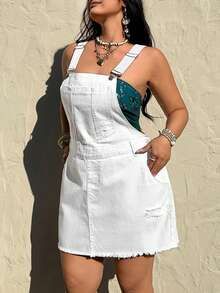 SHEIN CURVE+ Vestido de mezclilla lavado y desgastado de unicolor para mujer talla grande de verano - Blanco - Ver 3