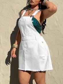 SHEIN CURVE+ Vestido de mezclilla lavado y desgastado de unicolor para mujer talla grande de verano - Blanco - Ver 7