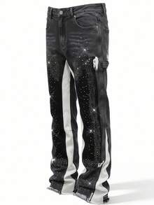 ROMWE MEN Street Life Herrjeans med fickor och strassutsmyckning, casual stil - Svart - Visa 6