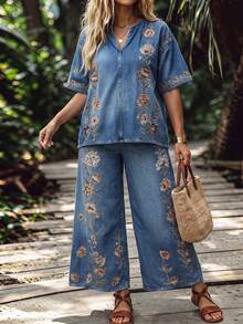 SHEIN LUNE CURVE Spring/Summer Vacation Casual Elegant Denim Effect Print Plus Size Women's Clothing Set Light Blue - Red and White - View 6