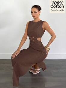 Siren Gaze Đầm nữ mặc thường ngày đi du lịch mùa xuân/hè bằng cotton nguyên chất thiết kế rỗng - màu nâu - Xem 3