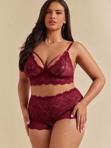 SHEIN BAE CURVE 加大码纯色蕾丝性感文胸和内裤内衣套装，2 件 - 酒紅色 - 查看 4