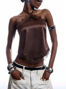 LYSMO Women's Summer Vintage Sexy Contrast Lace Asymmetric Hem Halter Neck Top Going Out Night Out Date Night Dark Brown - Coffee Brown - View 6