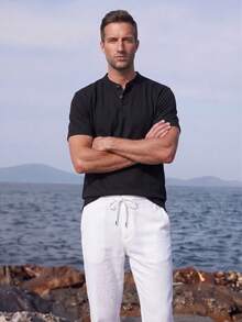 Officeau Men's Casual Solid Color Henley Neck Short Sleeve T-Shirt, Summer - Black - View 1