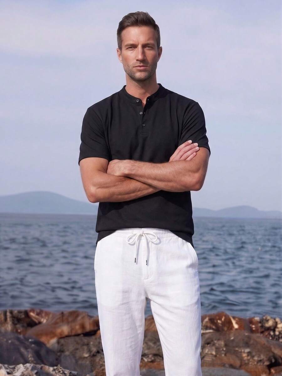 Officeau Men's Casual Solid Color Henley Neck Short Sleeve T-Shirt, Summer - Black - View 1