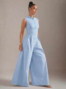 Hauture Extreme Wide Leg Zip Front Sleeveless Jumpsuit - Blue - View 3