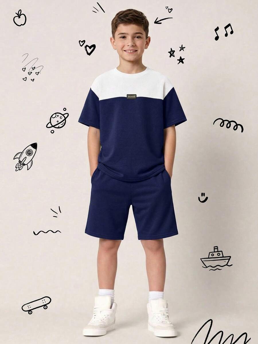 SHEIN Tween Boy Casual Colorblock Crew Neck Short Sleeve T-Shirt And Shorts 2pcs Set, Suitable For Commuting, School, Daily Casual Outings, Sports, Spring And Summer - Navy Blue - View 1