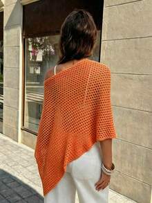 SHEIN Franclia 女款素色鏤空落肩不對稱下擺寬鬆毛衣 - 亮橙色 - 查看 2