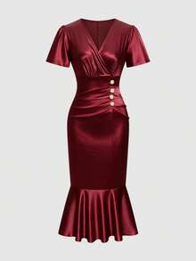 Elenzga Women's Overlap V-Neck Solid Color Short Sleeve Button Decor Fishtail Hem Dress - Burgundy - View 5