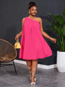 Slaydiva Plus Size Women's One Shoulder Sleeveless Solid Color Wide Leg Dress - Hot Pink - View 6