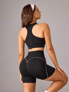 Dewbera Dewbera Women's Casual Modest Athleisure Sports Tank Top High Waist Tummy Control Shorts Set Gym Black And White Summer - Black - View 2