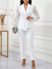 SHEIN Lady Women's Button Lace Patchwork Asymmetrical Hem Blazer And Casual Suit Pants Set - White - View 5