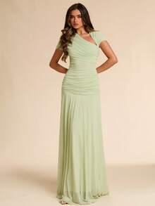 SHEIN BAE Asymmetric Ruched Fitted Long Dress, Green, Suitable For Wedding Guest,Dresses For Women Summer - Green - View 4