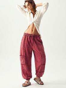 Bohemela Casual Solid Color Knit Loose Cuffed Sweatpants For Women - Burgundy - View 7