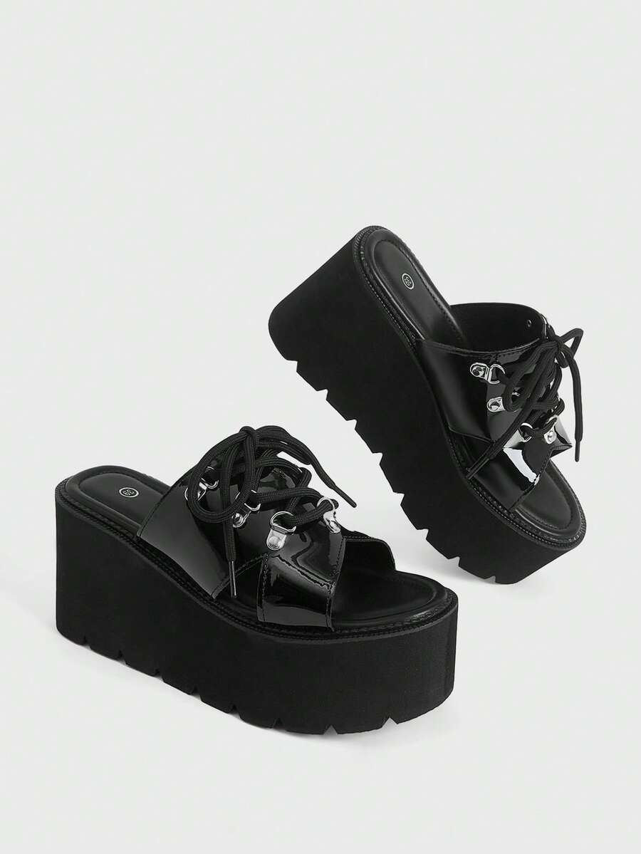 Sugerpunk Women's Fashion Sexy Wedge Heel Platform Sandals, Punk Style Open-Toed Tether Slippers Sandals, Spring And Summer Nightclub Parties And Festivals - Black - View 1