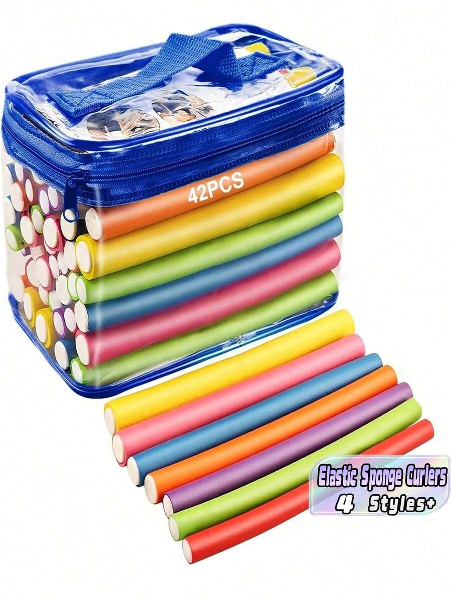 42-Piece Elastic Hair Curlers Soft Sponge Curling Set (Random Colors) Suitable For Halloween, Masquerade, Party Costumes, Holiday Role-Playing Hairbands/Curlers - Multicolor - View 1