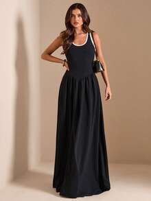 SHEIN BAE Herbst/Sommer Schwarz-Weiß kariertes Farbblock U-Ausschnitt Kontrast Saum ärmellos geraffte Taille A-Linie Maxikleid für Frauen Lässig Schlankmachend Urlaub - Schwarz - Übersicht 4