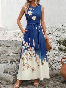 Editum Women's Colorblock Floral Print Belt Pocket Elegant Long Dress - Multicolor - View 7