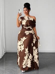 Maweii Plus Size Green Floral Print One Shoulder Cinched Waist Ruched Slimming Outing Vacation Dress - Coffee Brown - View 1