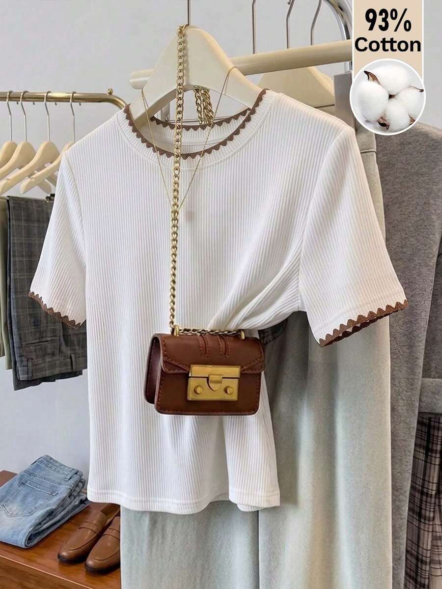 Muvela 女款 93% 棉 白色與棕色貝殼刺繡羅紋圓領短袖 T 恤,時尚日常夏季法式復古修身內搭上衣 - 黑色 - 查看 1