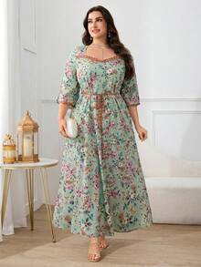 Al Najma 大尺碼女款開衩長袖刺繡裝飾優雅阿拉伯風洋裝 - 綠色 - 查看 6