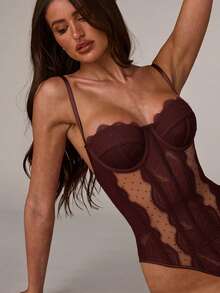 SHEIN BAE 女士撞色蕾丝波点网纱性感吊带连体衣 - 紫紅色 - 查看 4