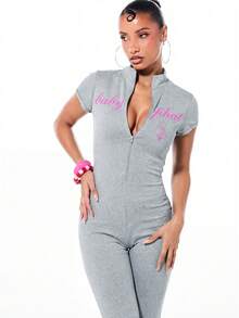 BABYPHAT Jersey Capri Zip Up Jumpsuit With Short Sleeves And Front Zipper - Light Grey - View 3