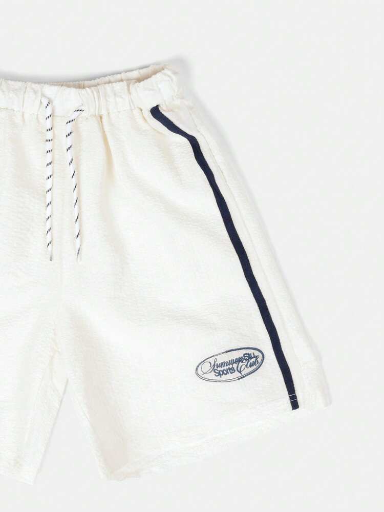 Tween Boys Seersucker Short Sleeve Button-Up Shirt And Shorts Co-Ord Set With Oval Logo, Summer Casual Two-Piece Outfit