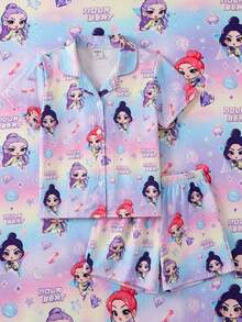 SHEIN 夏季女童幼童粉紫色阻燃牛奶絲面料甜美可愛音樂搖滾女孩印花短袖短褲舒適2件套家居服2件套 - 紫色 - 查看 8