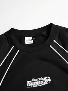 Captain Tsubasa X SHEIN STYNVO Men's Casual Fashion Street Daily Commute Letter & Football Print Contrast Piping Raglan Short Sleeve T-Shirt And Drawstring Waist Shorts Set, Summer - Black - View 4