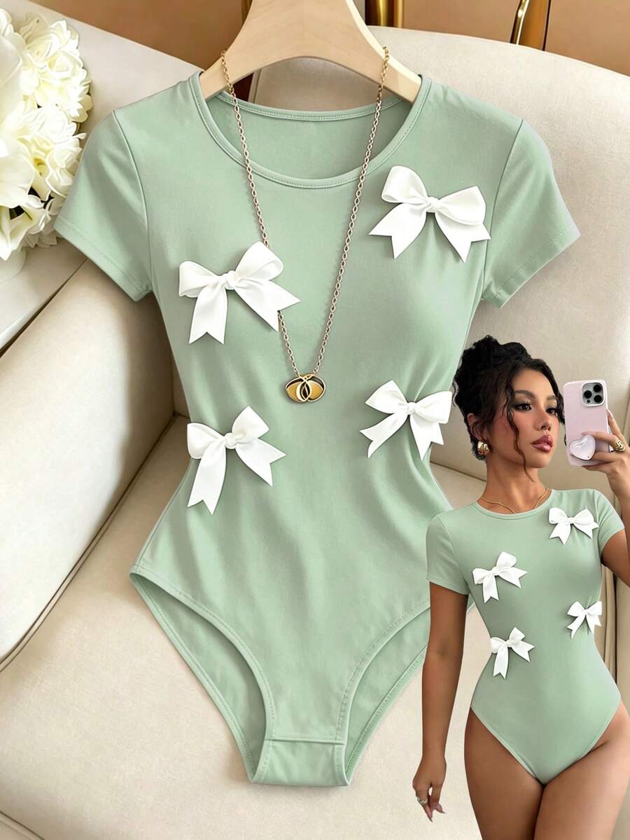 Elenzga Women's Summer Round Neck Short Sleeve Bow Decor Bodysuit - Mint Green - View 1