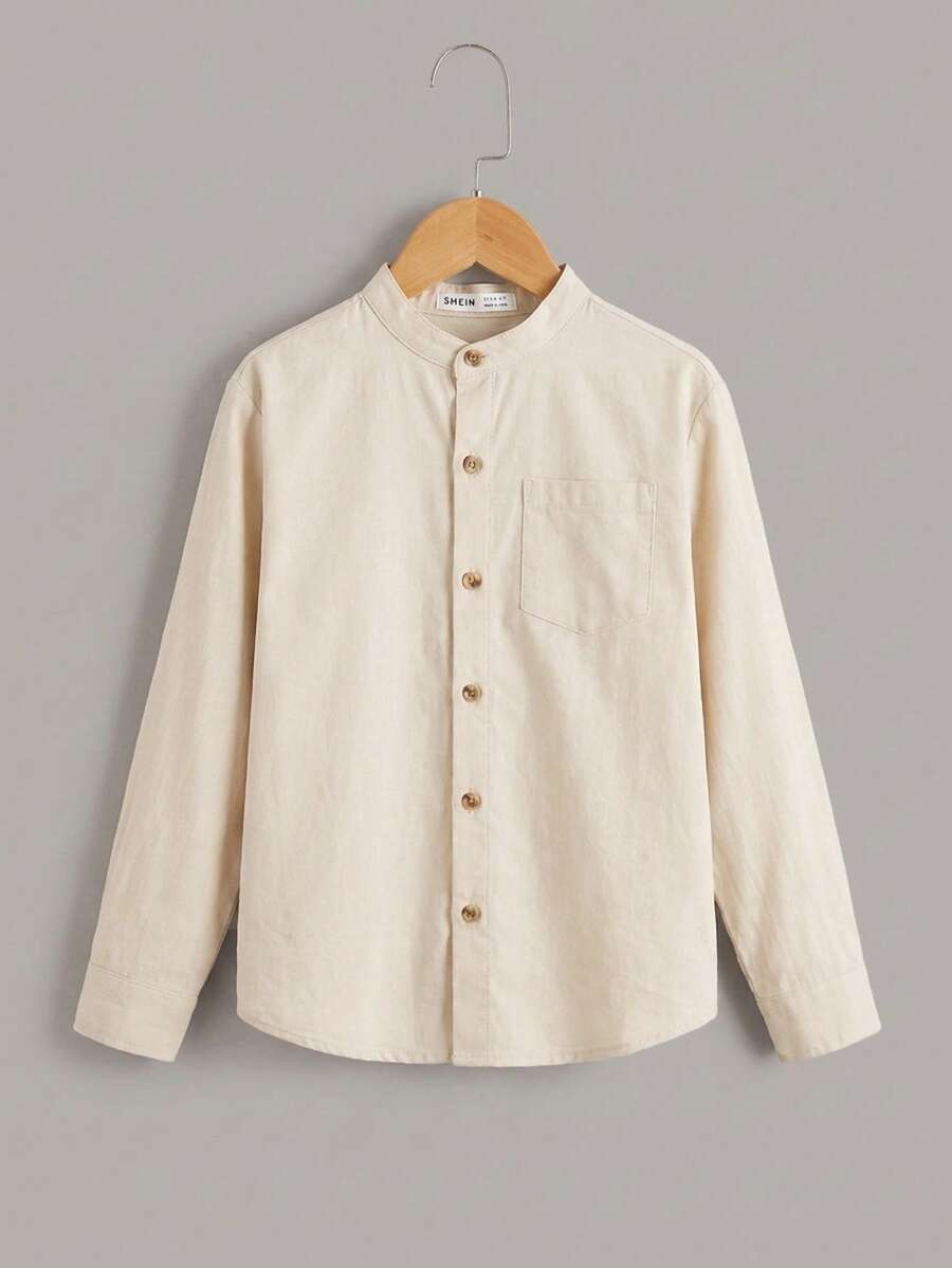 SHEIN Tween Boy Solid Color Retro Stand Collar Single-Breasted Left Chest Patch Pocket Casual Shirt - Apricot - View 1
