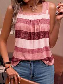 EMERY ROSE Holiday Casual Color Block Striped Tank Top Graphic Tees Women Tops - Pink - View 3
