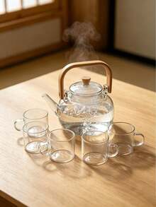 1 Set Of 1 Pot With 6 Cups And A Tray, 1 Pot With 4 Cups And A Tray, High-Temperature Resistant Glass Tea Pot In Modern Minimalist Style, Walnut Wood Color, Tea Infuser Pot For Brewing Tea, Tea Infuser Pot For Brewing Tea, Tea Infuser Set For Use In Parties, Gatherings, All Seasons. - Double Layer Cup Flower Tea Set - View 11