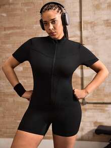 Powerista Women's Plus Size Solid Color Zipper Casual Daily Travel Sports Romper - Black - View 4