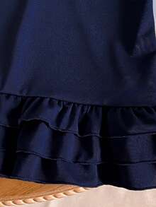 Gaun Polo Longgar dengan Kerah Polo, Minimalis Serbaguna, Bordir Kartun, Hem Bergelombang, untuk Anak Perempuan di Musim Panas, Kasual, untuk Perjalanan Sehari-hari, Cocok untuk Perjalanan Langsung. - Navy Blue - View 6