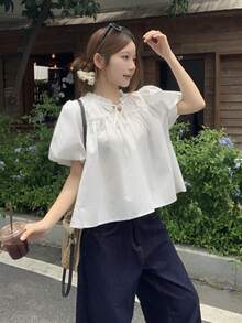 DAZY 女款圓領韓系純色街頭風清新春夏百搭度假可愛上衣 - 白色 - 查看 4