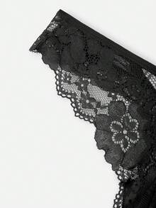 Lingerie Com Calcinha De Renda Floral E Anel De Coração Com Strass - Preto - Visão 6