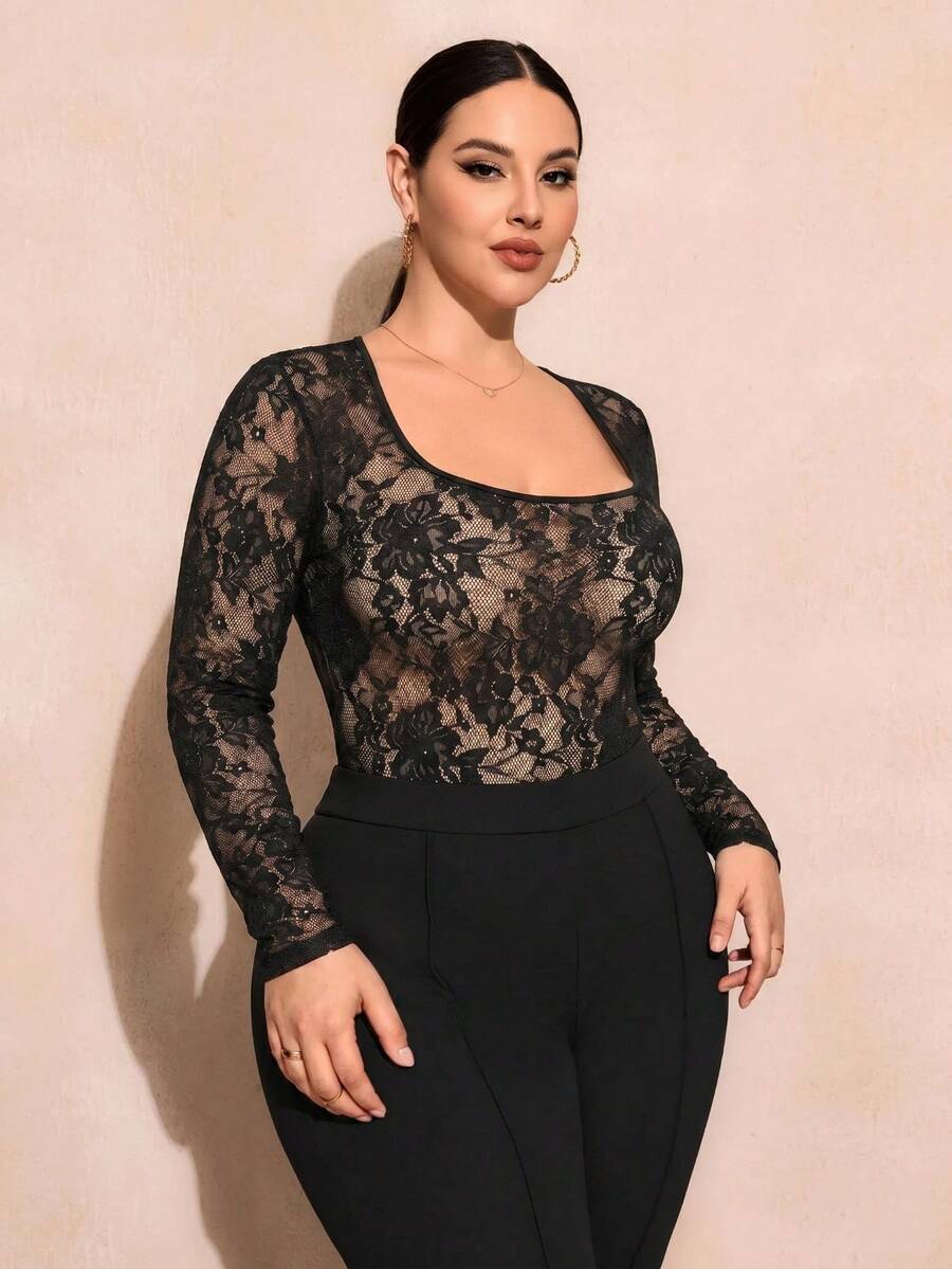 SHEIN SXY 大尺碼女款花卉蕾絲方領長袖性感連身內衣 - 黑色 - 查看 1
