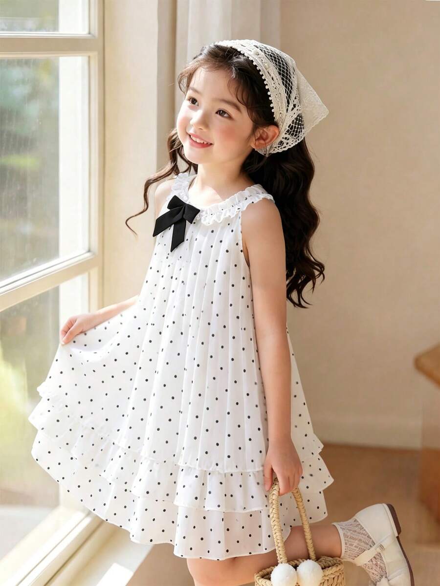 SHEIN Elladie kids 女童夏季褶皱波点荷叶边蝴蝶结装饰多层下摆无袖连衣裙,适合度假、休闲、日常穿着,时尚优雅。 - 白色 - 查看 1