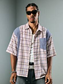 ROMWE MEN Street Life Men's Patchwork Plaid Short Sleeve Pocket Design Casual Loose Fit Shirt - Multicolor - View 6