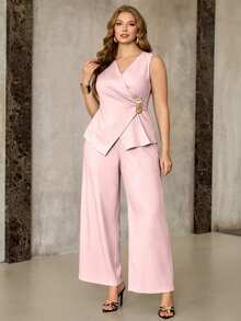 Franclia Plus Size Women's Elegant Solid Color Lace-Up Tank Top And Loose Pants 2-Piece Set - Pink - View 4