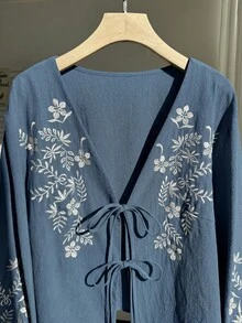 Comfortcana Plus Size Women's Elegant Boho Floral Embroidered Front Tie Lantern Sleeve Blouse Vacation Light Blue Autumn Fall Gym Vacation - Blue - View 3