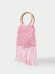 SHECARRY Ladies, Women Top Handle Bags, Fashionable, Elegant, Simple, Personalized, Versatile, Handmade Crochet, Tassel, For Beach, Vacation, Holiday, Summer, Seaside , Crochet - Pink - View 2