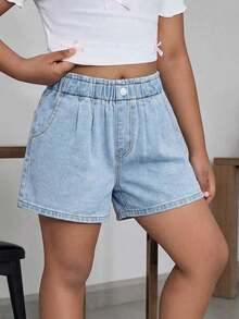 SHEIN Teen GirlCasual Denim Shorts, New Arrival, Fashionable Minimalist Design, Drawstring Waist, Light Blue Washed Soft Jeans Shorts - Light Wash - View 4