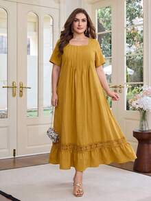 Al Najma Plus Size Women's Elegant Arabic Style Solid Color Linen Fabric Contrast Lace Ruffle Loose Long Dress, Spring/Summer - Yellow - View 3